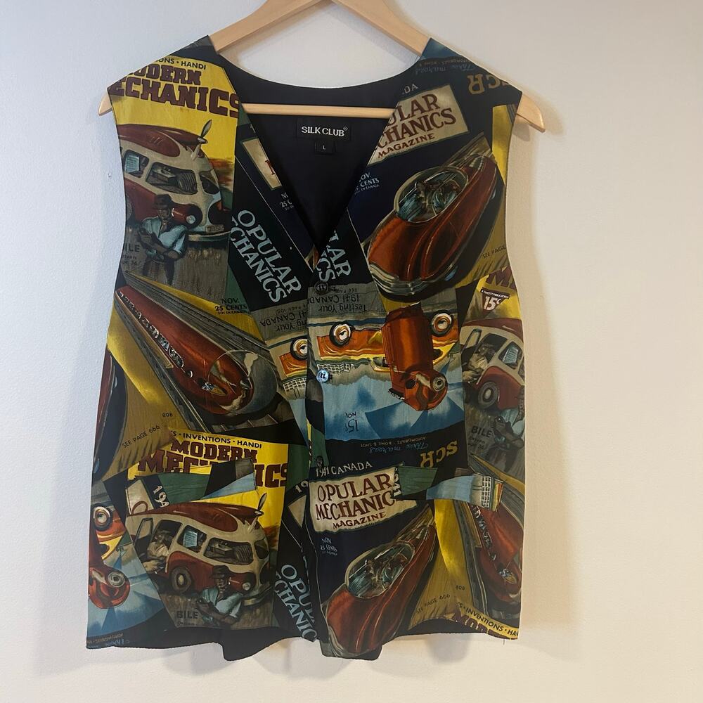 SILK CLUB Sz L 100% Silk Antique Car Graphic Pockets Made USA Men’s Adjustable